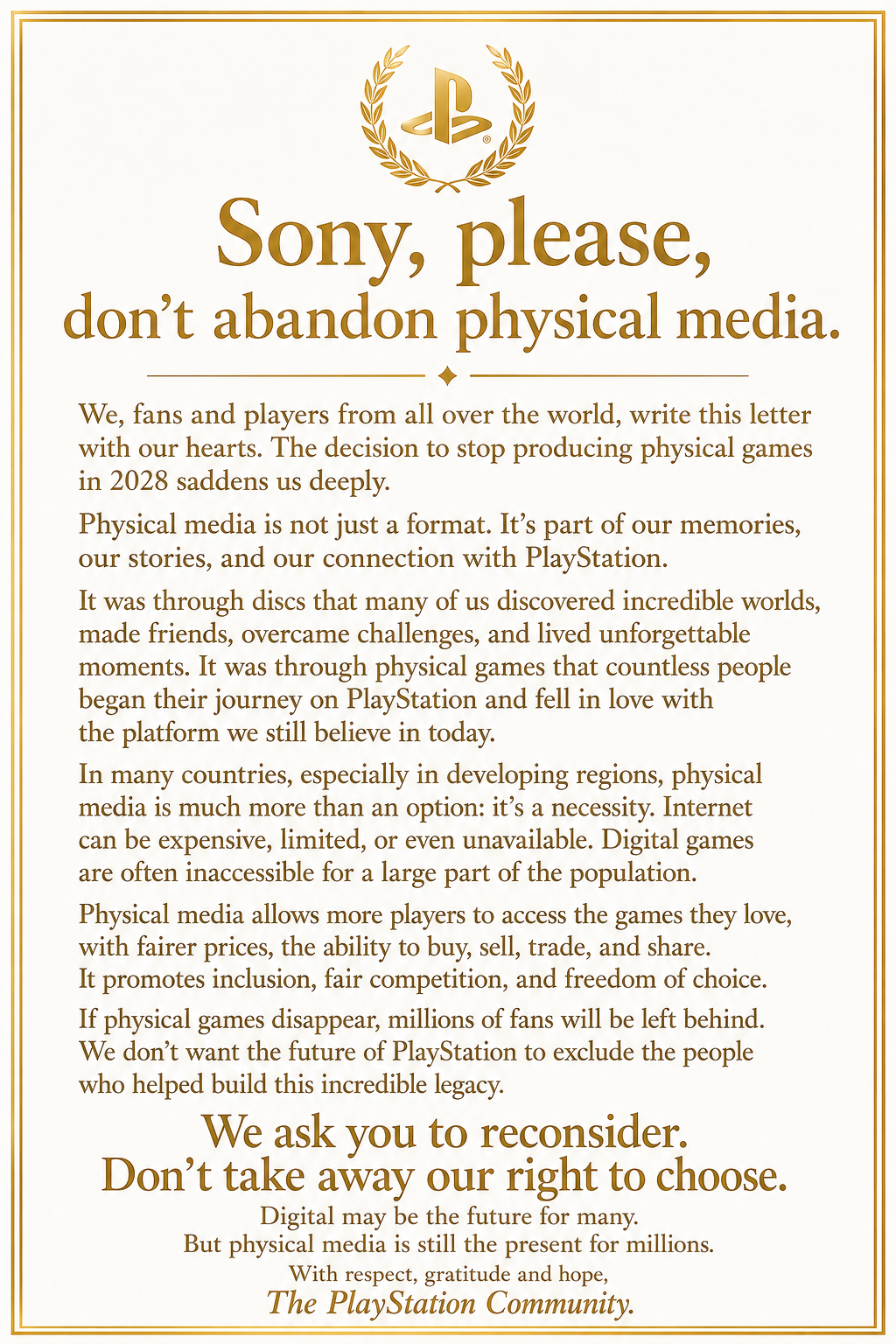Carta para a Sony pedindo para não abandonar a mídia física